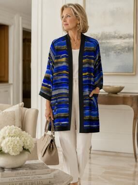 Linea by Louis Dell'Olio Blue Abstract Stripe Kimono Cardigan L Coastal Chic